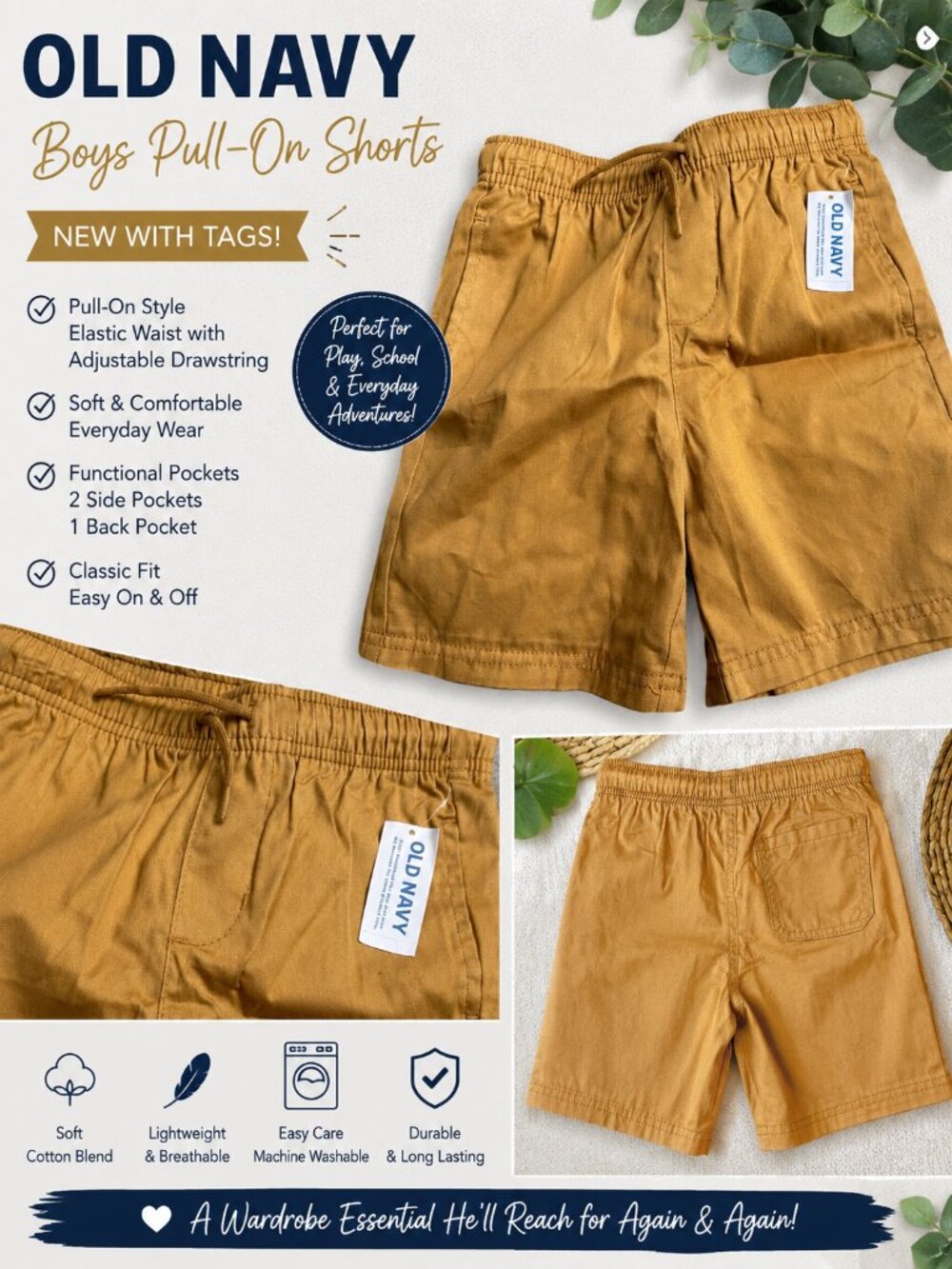NWT Old Navy Boys Pull-On Shorts Mustard Tan Elastic Waist Drawstring Casual Sum